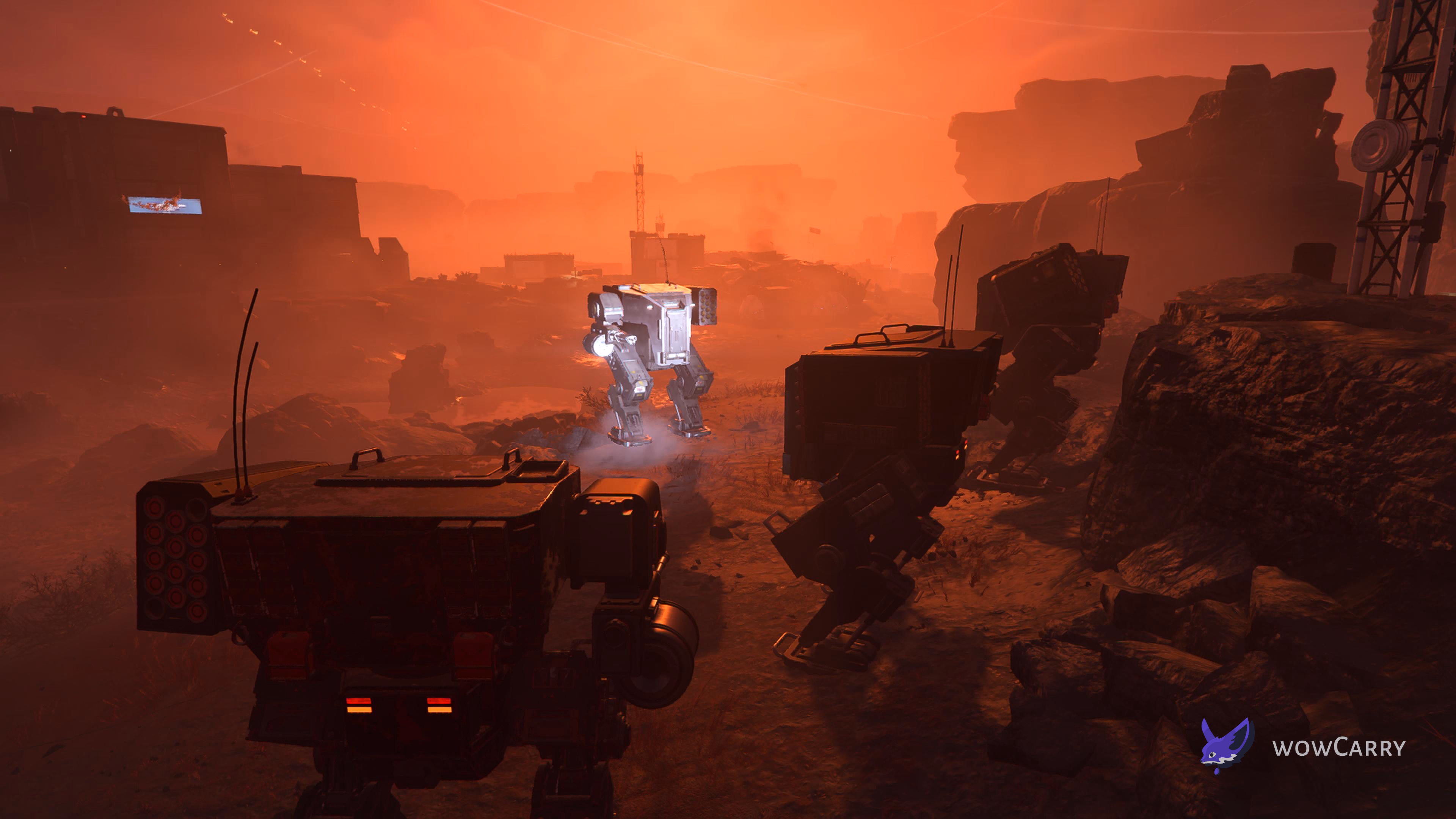 Helldivers 2 Patriot exosuit mechs deployed on a planet surface