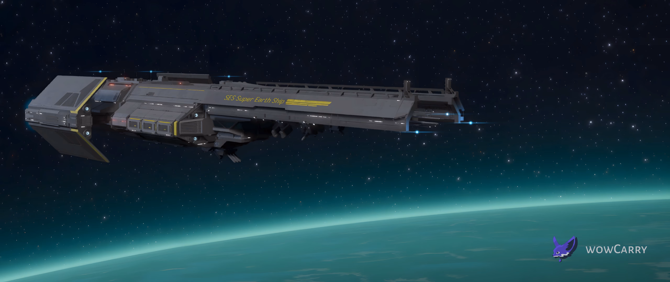 Helldivers 2 Super Destroyer ship in orbit above a planet